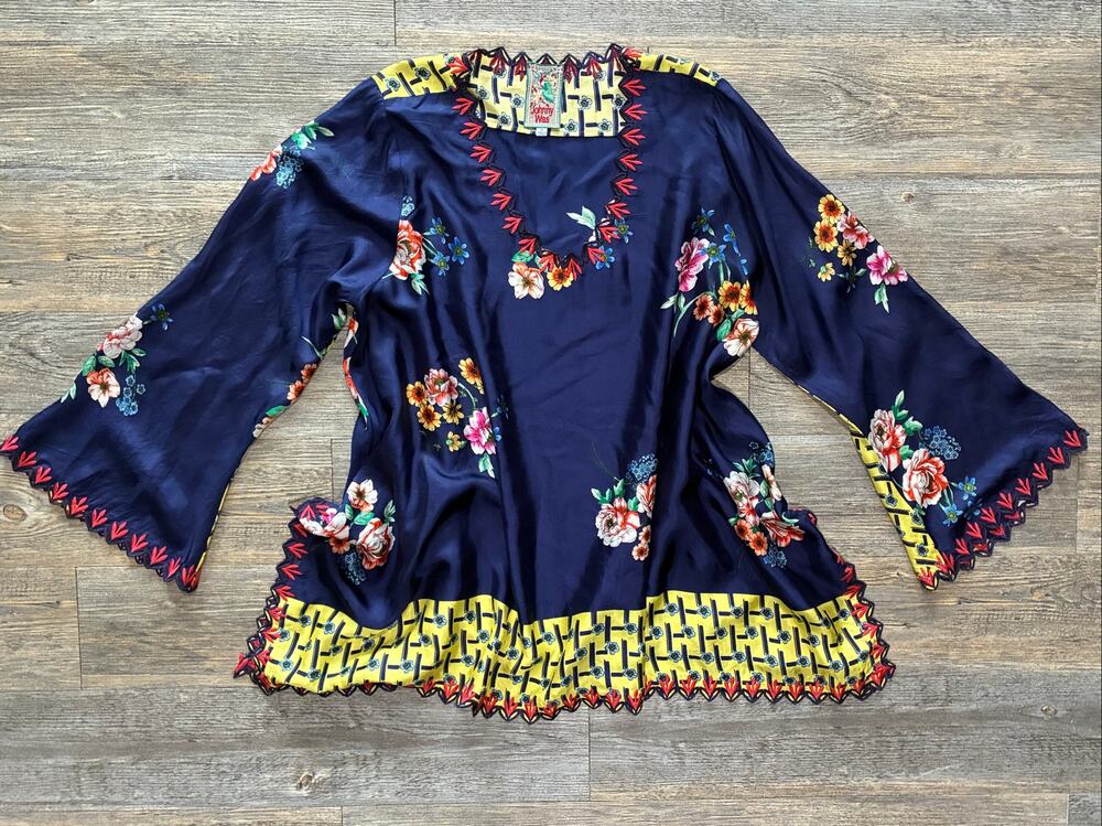 Johnny Was Dinah Silk Twill Floral Print Blouse w/ Embroidered Trim XL